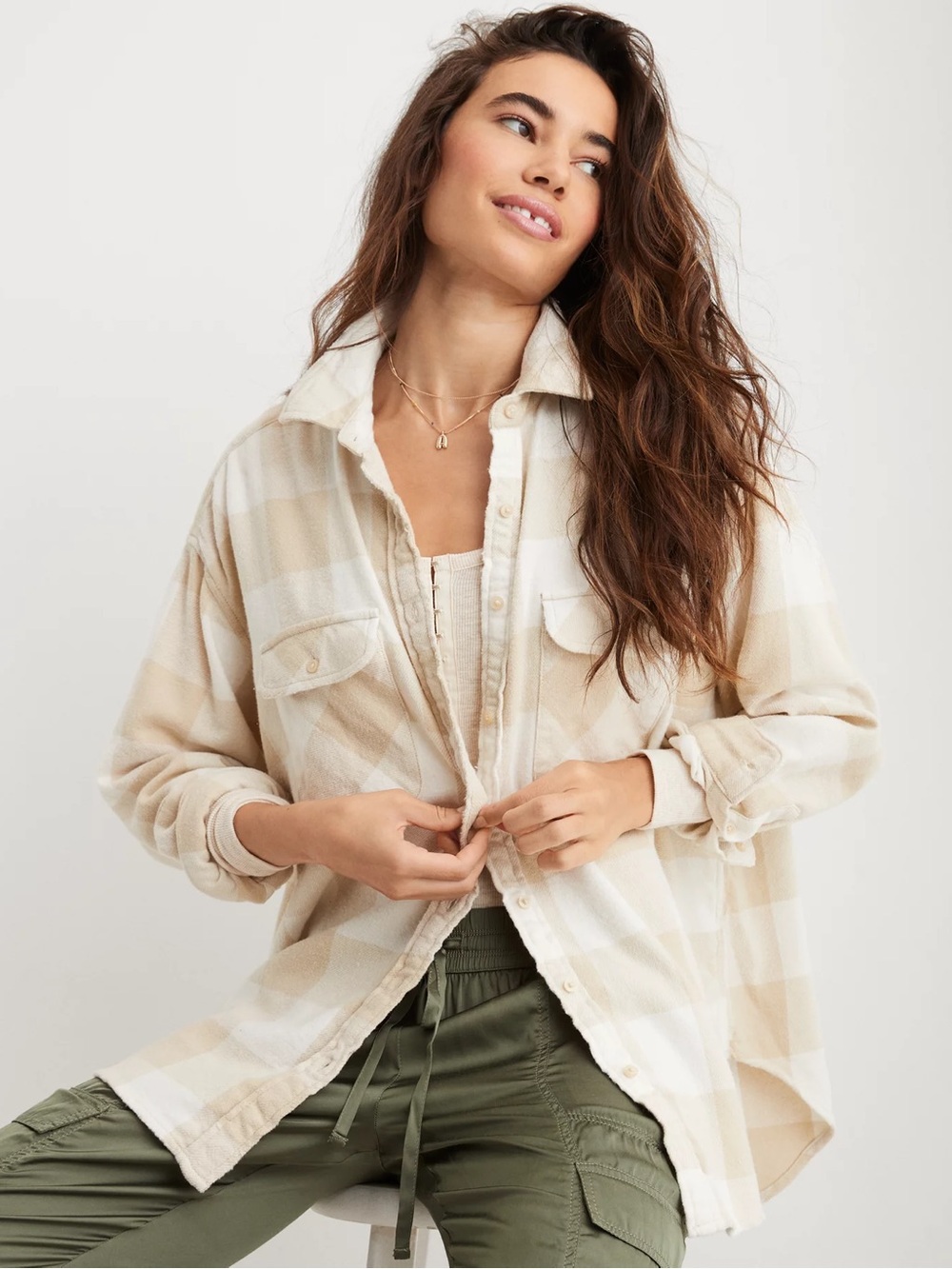 Aerie LumberJane Flannel Oversized Cozy Shacket Shirt in Soft Oat Sz S